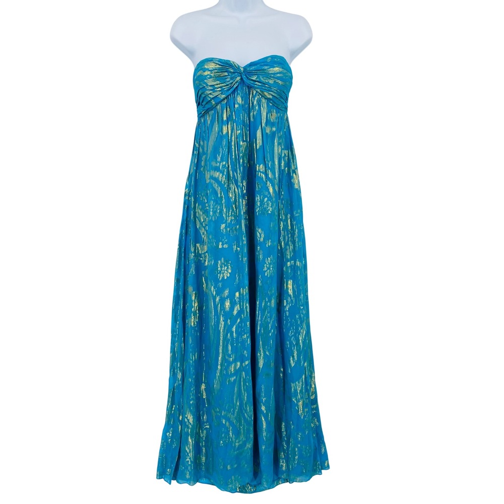 Y2K Aqua Dresses Maxi Gown 8 Blue Gold‎ Metallic Strapless Silk Blend Floral
